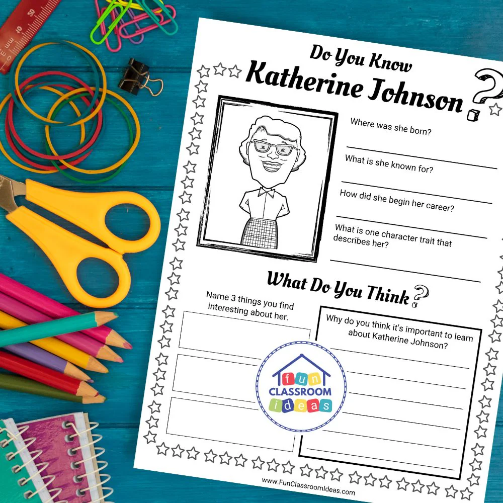 Second grade reading comprehension worksheet featuring a biography of mathematician Katherine Johnson for algebra study
