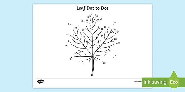 Leaf Dot to Dot worksheet for second graders featuring a budding branch