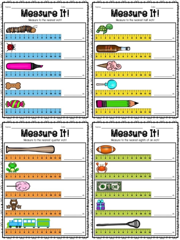 Worksheet featuring a paper ruler for measuring in inches and centimeters for second graders