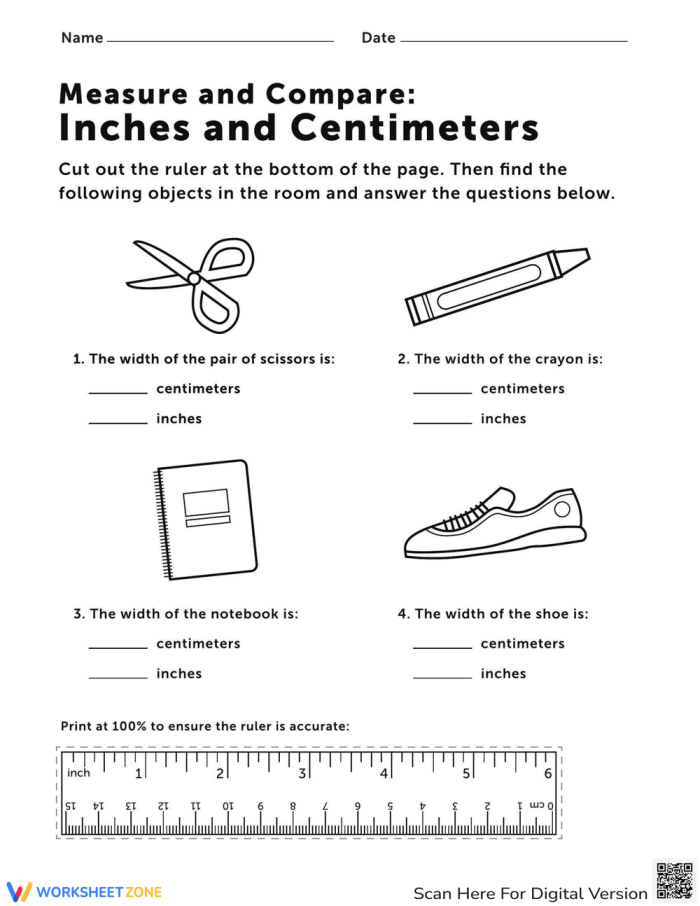 Worksheet featuring a paper ruler for measuring inches and centimeters for second graders
