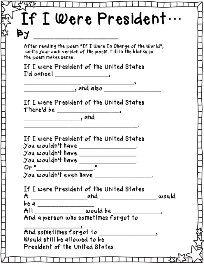 Second grade writing worksheet with fill-in-the-blanks prompts to help students compose a letter to the President