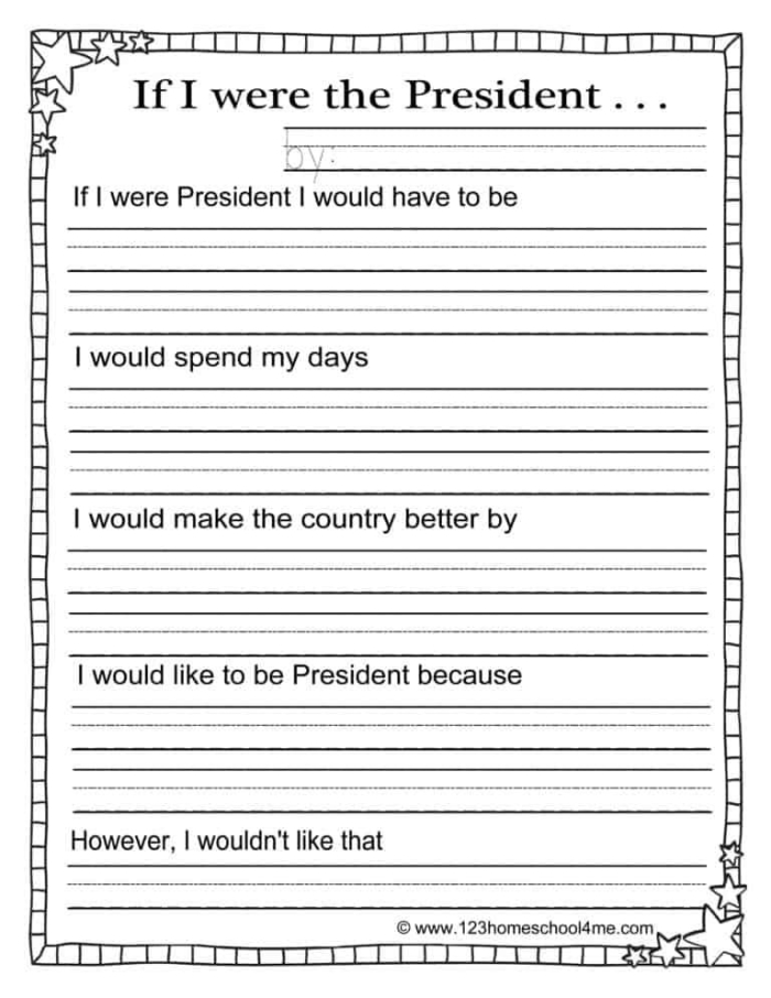 Second grade students writing a formal letter to the United States President with a fill-in-the-blanks worksheet