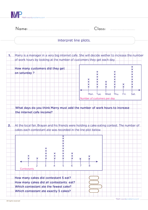Interactive line plots worksheet for solving word problems in grammar and mechanics Worksheet featuring word problems related to interpreting line plots for second graders