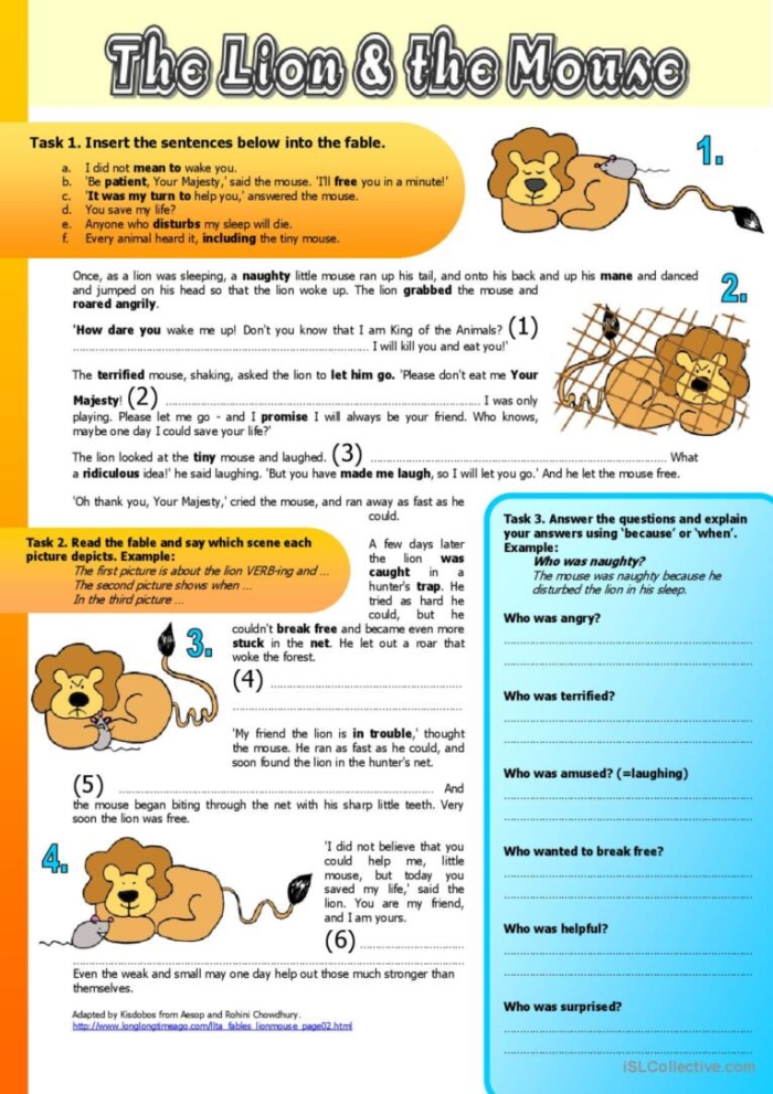 Second grade student completing a handwriting worksheet about the moral of The Lion and the Mouse fable