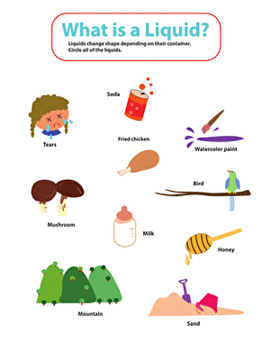 Matter Mixup Whats a Liquid Worksheet 1 Second grade student identifying liquid examples in a physical science worksheet activity