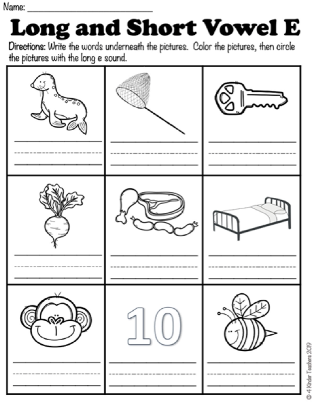 Second grade long e sound worksheet with fill-in-the-blank sentences and word box for students to practice phonics