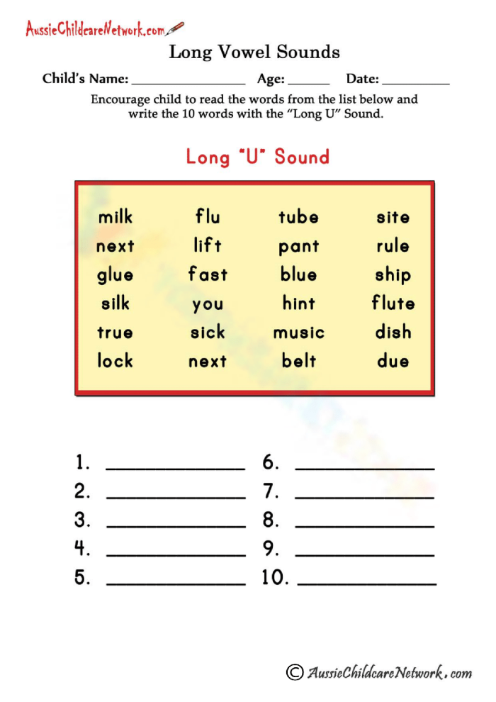 Worksheet for practicing the long "u" sound in second grade