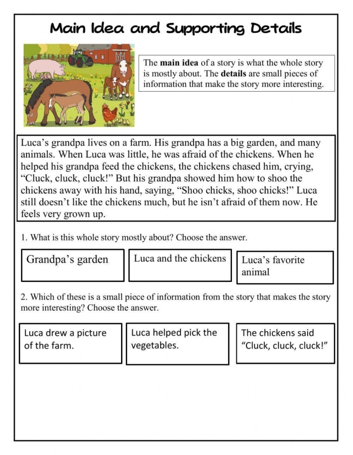 Main idea of a story worksheet for second graders focusing on reading comprehension skills