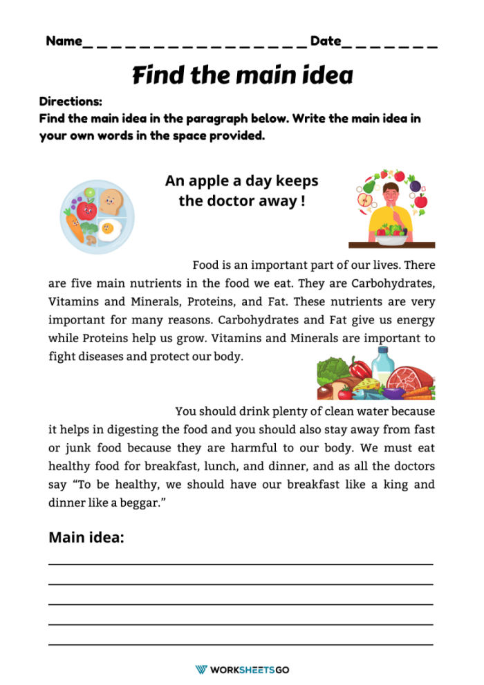 Second grade reading worksheet focused on identifying the main idea of short paragraphs