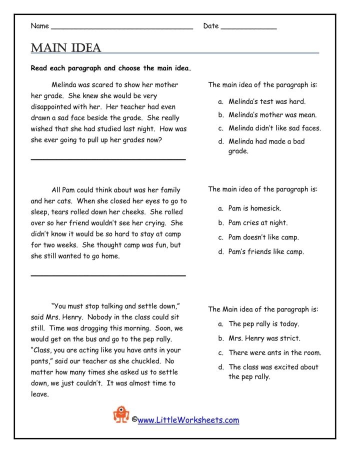 Worksheet for identifying the main idea in reading paragraphs for second graders