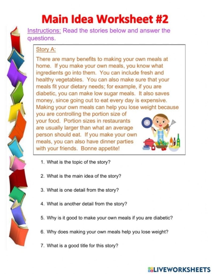 Second grade reading worksheet focused on identifying the main idea of a short paragraph