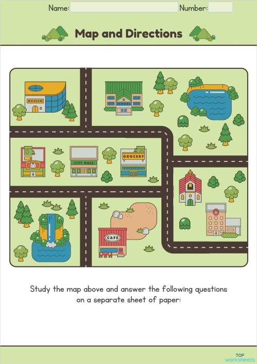 Second grade students learning to read a map with a legend and directional symbols on a worksheet