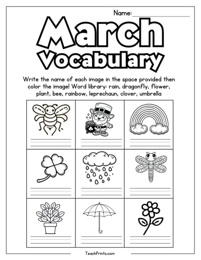 Blank March calendar worksheet for second grade students with spaces to fill in dates and practice addition skills