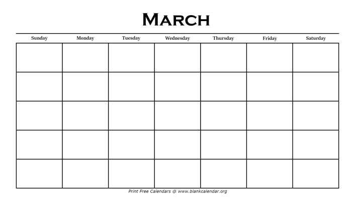 Blank March calendar worksheet for second grade students featuring St. Patrick's Day and spring themes with space to write dates and numbers