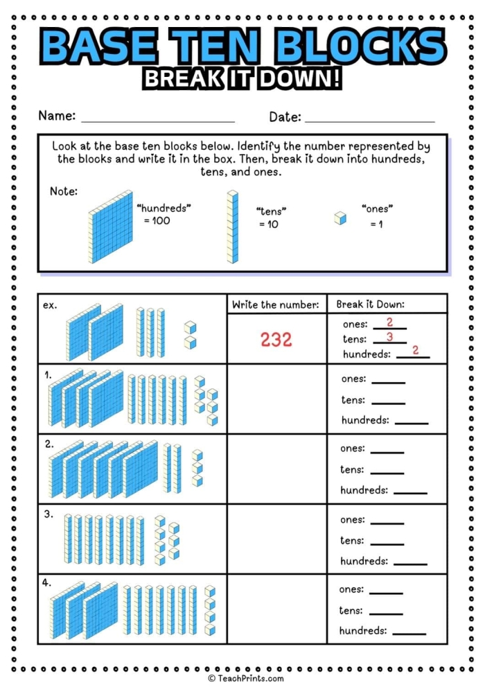 Second grade base 10 blocks worksheet for practicing mixed math operations