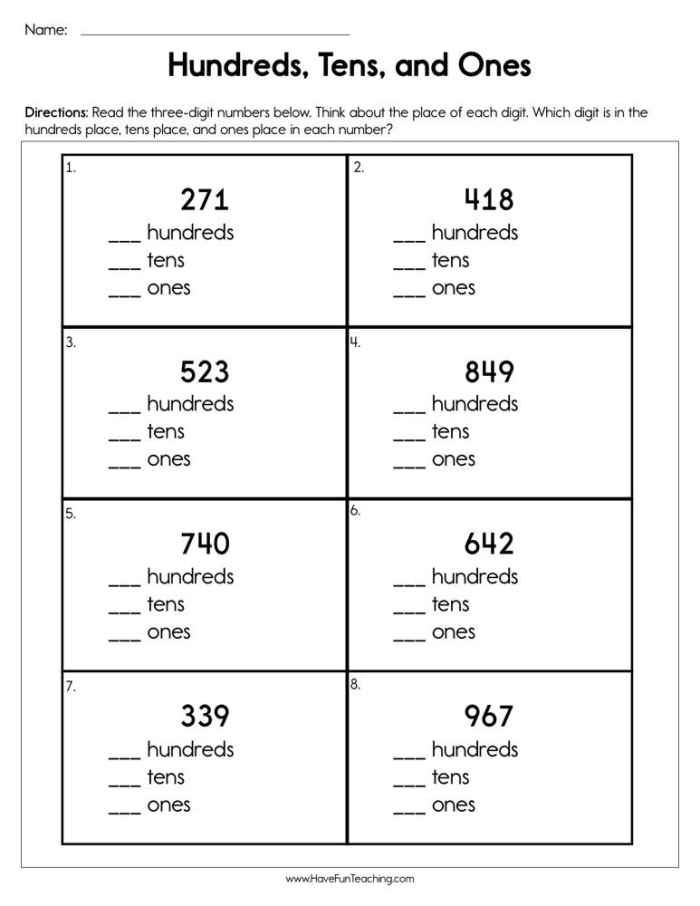 Second grade students practicing math with hundreds tens and ones blocks worksheet 20