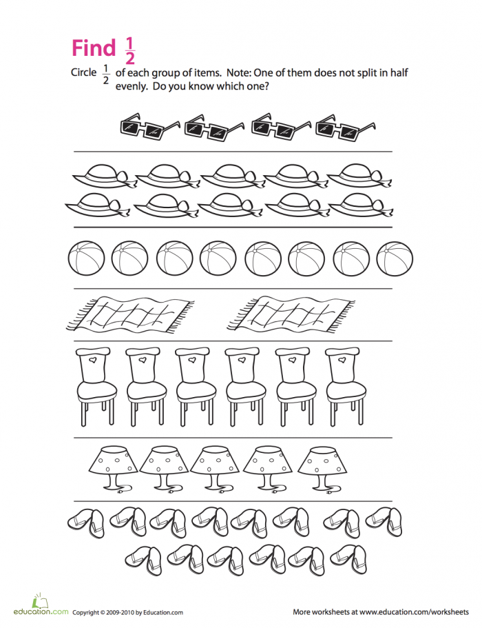 Fraction Practice Find 1/2 Worksheet Number 10 for Second Grade Math Second grade math worksheet featuring activities to identify and circle one half of a group of items