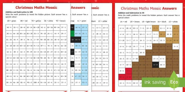 Math Mosaic worksheet for second graders featuring two-digit addition and subtraction problems with coloring instructions. Engaging second grade math mosaic activity for practicing measurement skills.