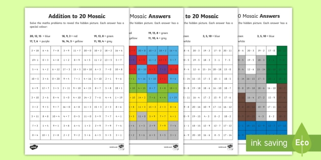 Math Mosaic worksheet for second graders featuring two-digit addition and subtraction problems to solve and color. Engaging math activity that combines learning and creativity for young students.