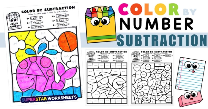 Colorful Math Mosaic worksheet featuring two-digit addition and subtraction problems for second graders