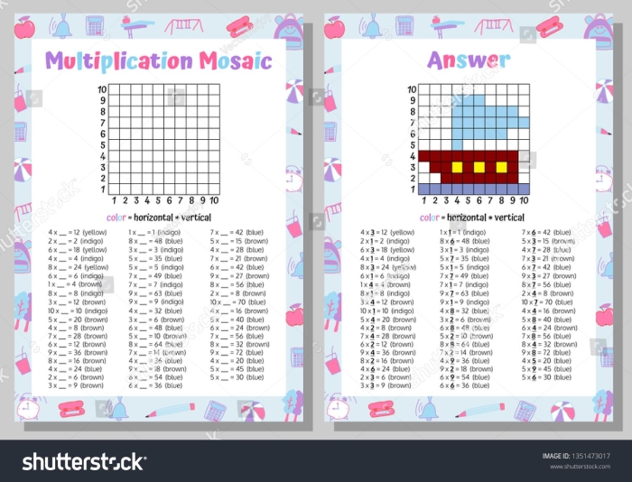 Colorful Math Mosaic worksheet for second graders featuring two-digit addition and subtraction problems. Engaging activity for students to solve math problems and color shapes according to a key.