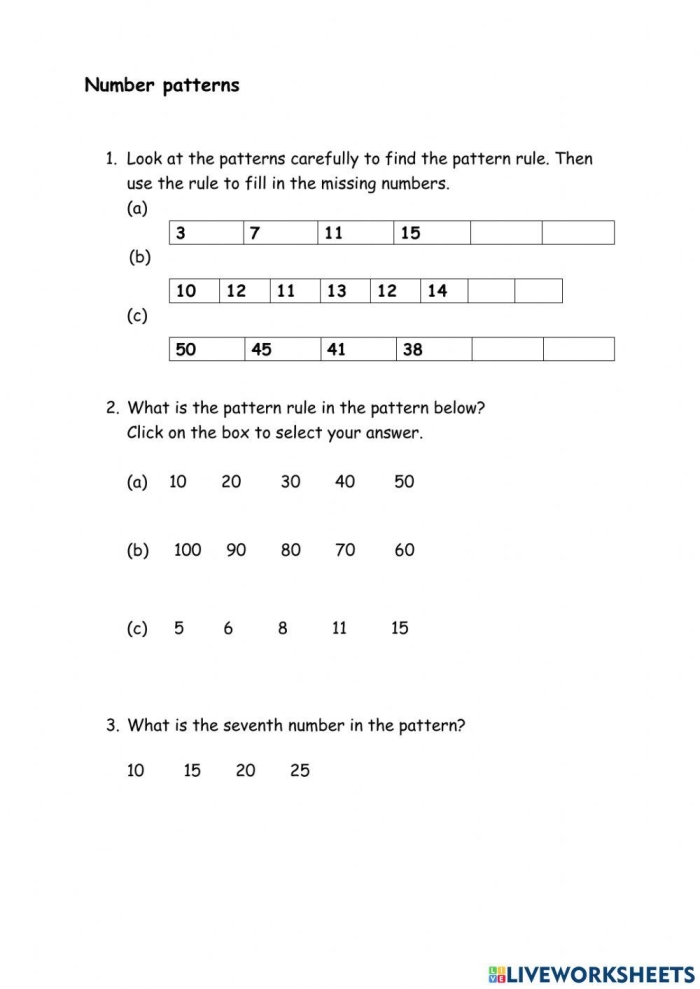 Second-grade student completing a number patterns practice test worksheet