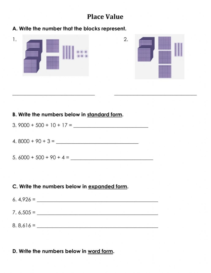 Place Value practice test worksheet for second graders to enhance their math skills