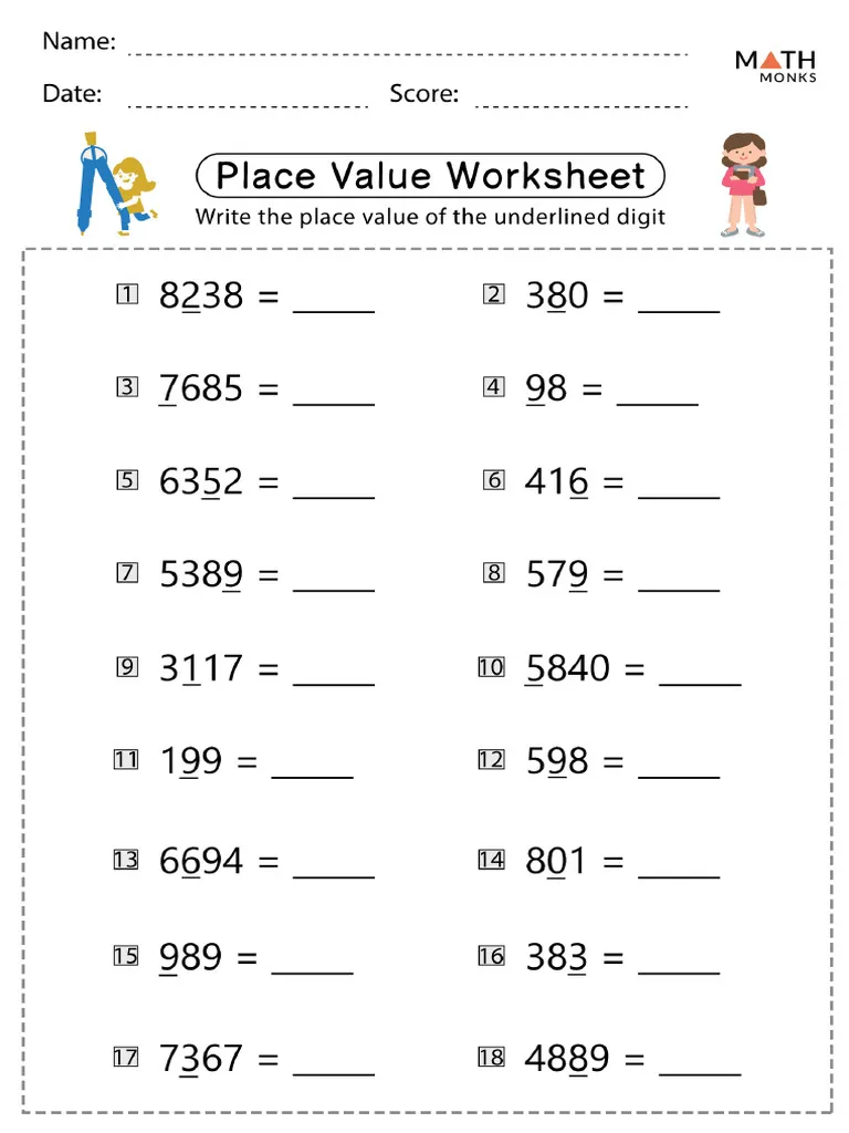 Find the Place Value worksheet for reviewing place value concepts Second grade math worksheet for practicing place values with multiple choice questions