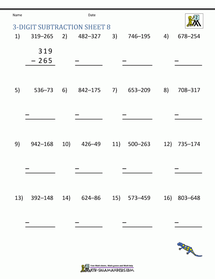 Comprehensive review worksheet for mastering three-digit subtraction concepts Three-digit subtraction worksheet designed for second graders to enhance math skills