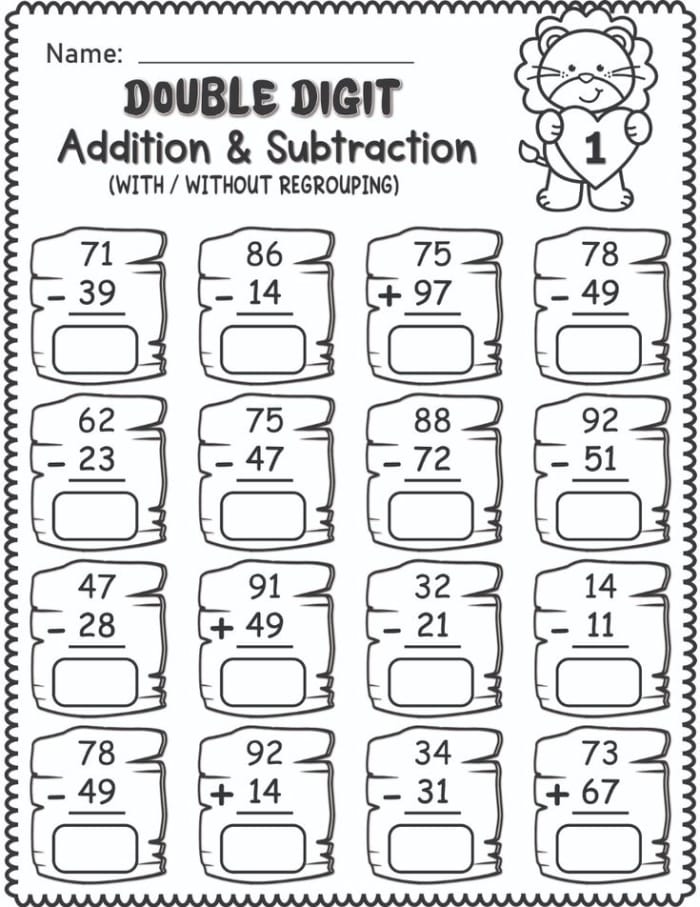 Second grade math practice worksheet featuring double-digit addition and subtraction problems