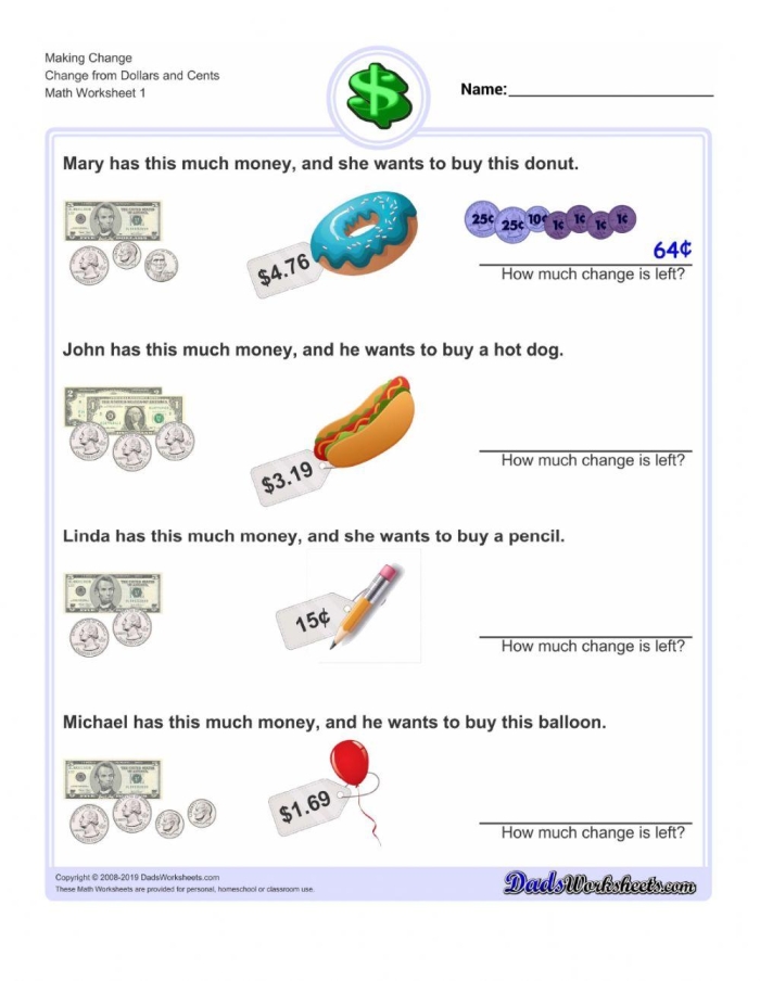 Second grade geography worksheet showing piles of coins to count for math practice