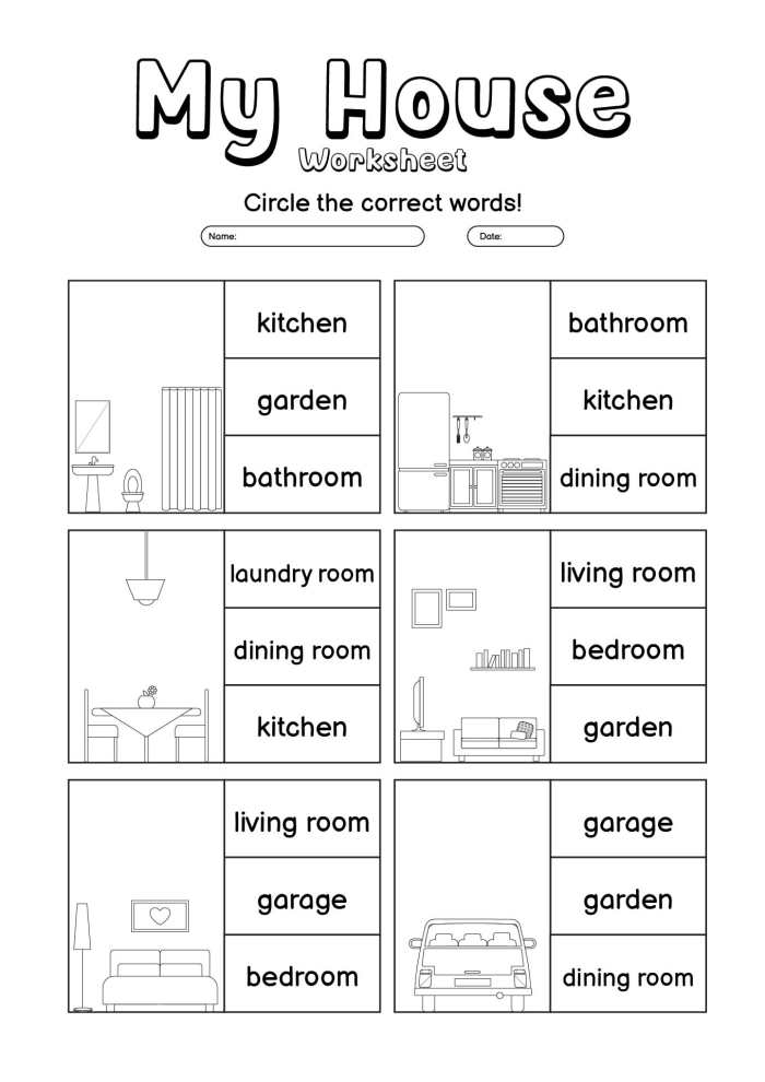 Worksheet for identifying rooms in a house through addition activities
