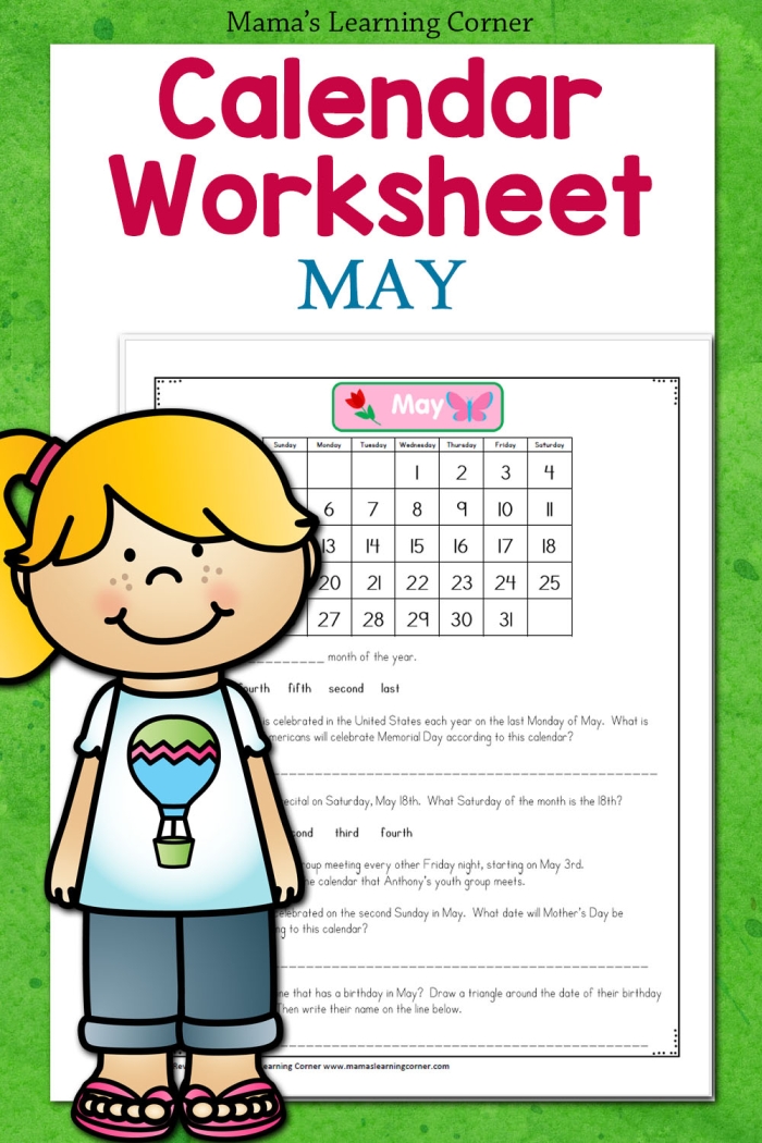 May calendar worksheet for second graders to fill in dates and highlight Mother's Day