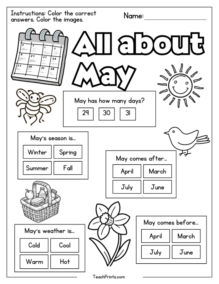 May calendar worksheet for second graders to fill in dates and highlight Mother's Day