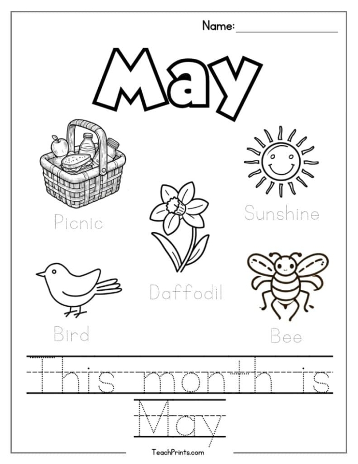 May calendar worksheet for second graders to fill in dates and highlight Mother's Day