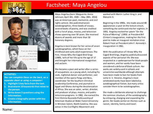 Worksheet featuring Maya Angelou for second graders to explore her contributions as a poet and activist
