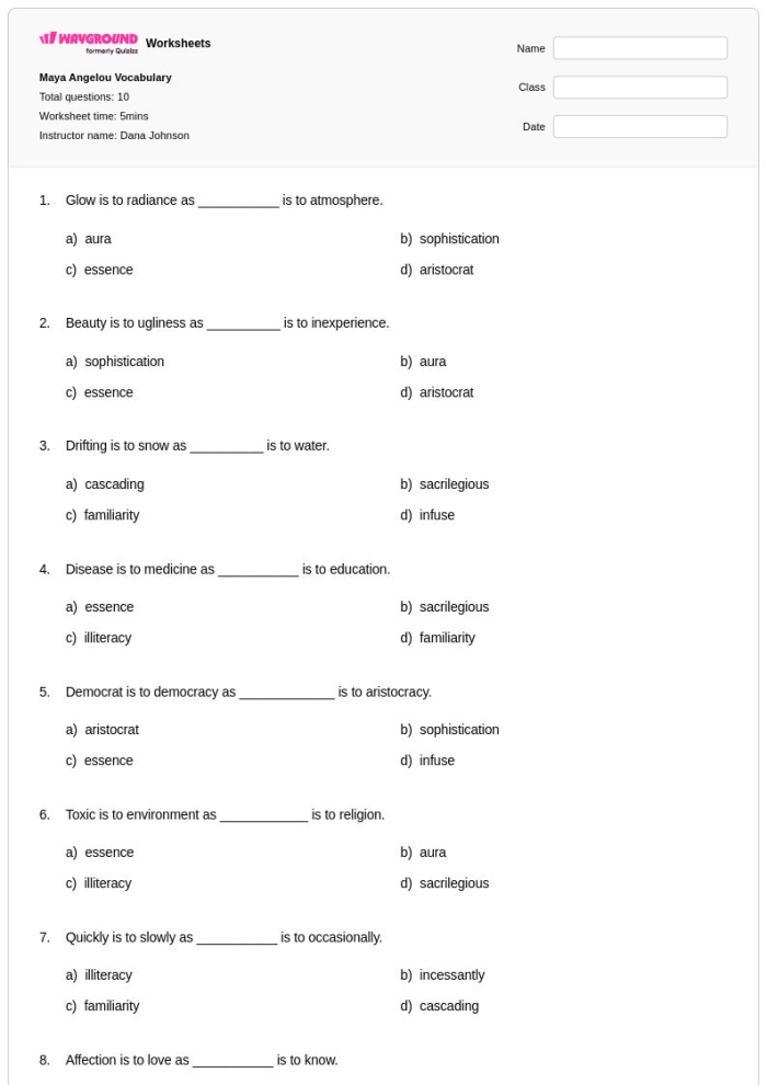 Maya Angelou worksheet for second graders exploring her life and achievements