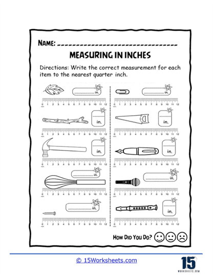Second grade student worksheet for measuring objects with paper rulers in inches and centimeters