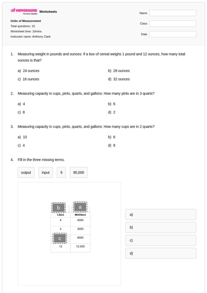 Second grade measurement practice test worksheet showing ruler and calendar problems