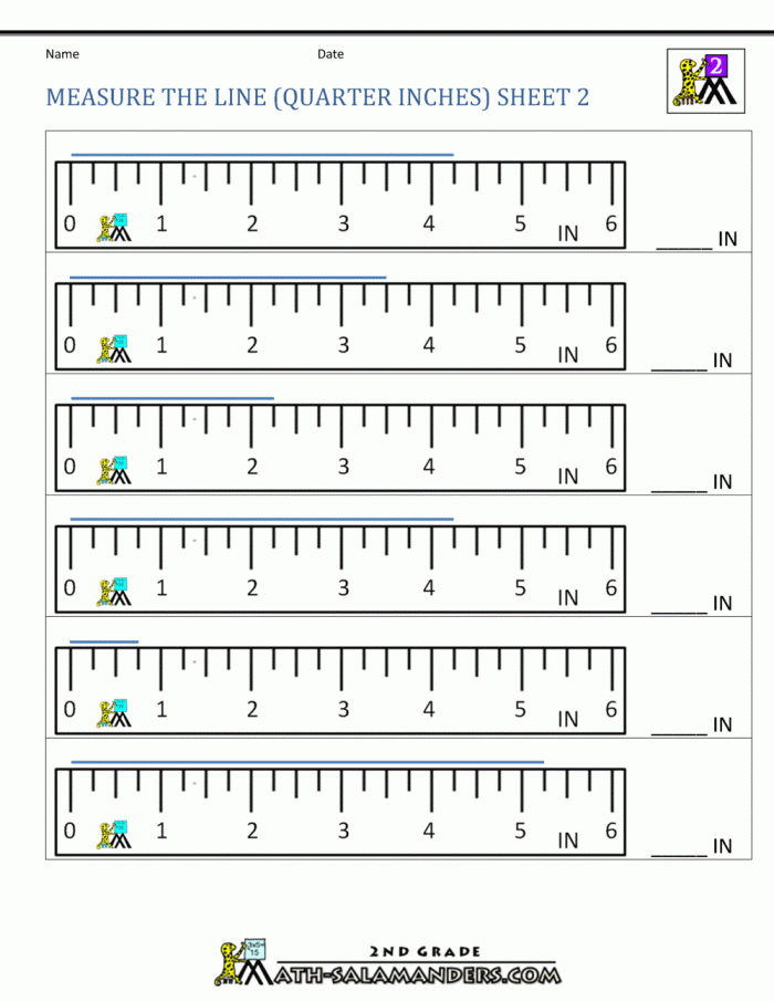 Second grade measurement practice test worksheet featuring various topics like reading calendars and using rulers
