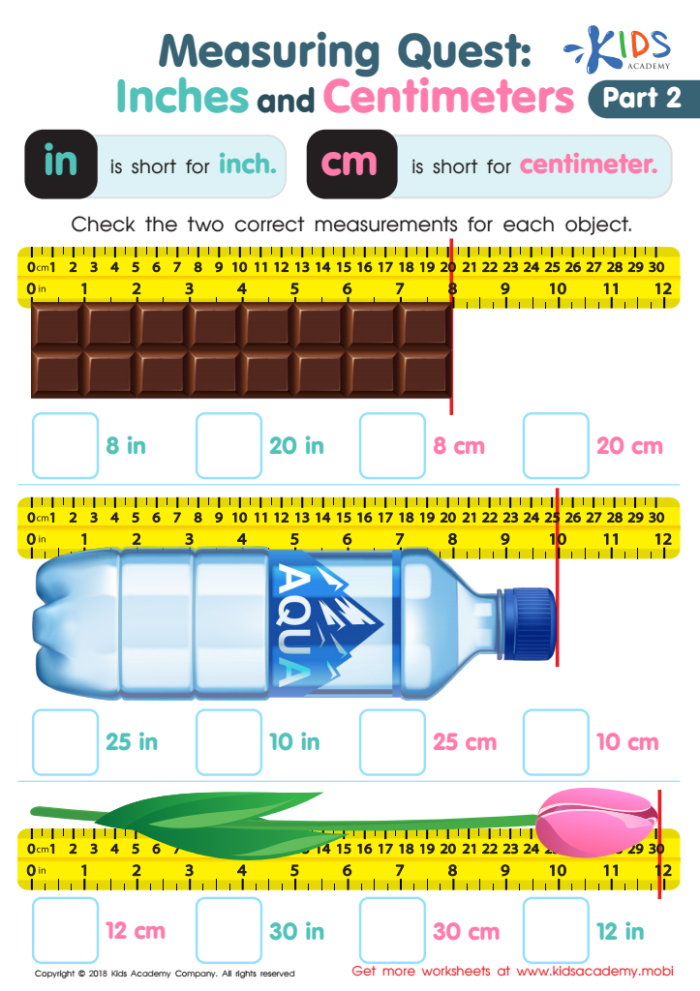 Second grade worksheet showing how to measure objects with paper rulers in inches and centimeters