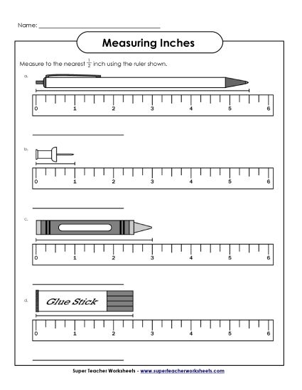 A second-grade worksheet featuring measurement practice with familiar objects in inches