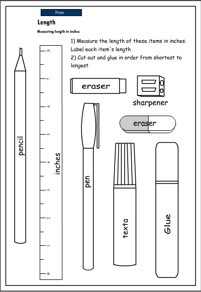 Worksheet featuring measurement practice with familiar objects for second graders