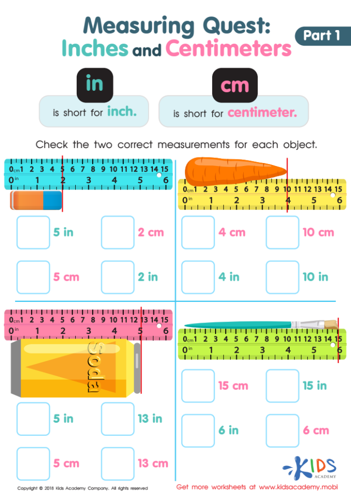 A second-grade worksheet featuring a paper ruler for measuring in inches and centimeters