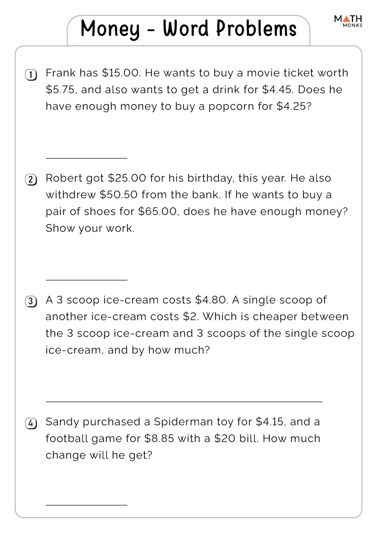 Money Math Word Problems worksheet for second graders focusing on adding dollars and cents