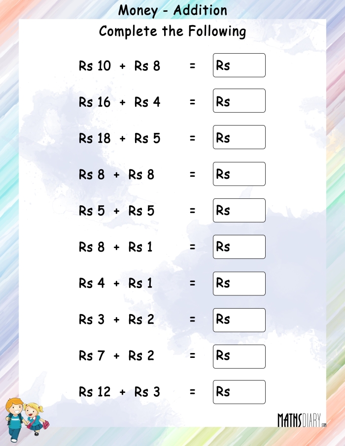Engaging exercise to enhance money skills in young learners Second grade money addition worksheet featuring coins and dollar bills for counting practice