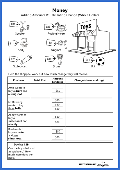 Make Change Sport Shop Math Worksheet for Young Athletes Learning Money Skills Second grade students practice addition and subtraction with money by calculating change at a sports shop