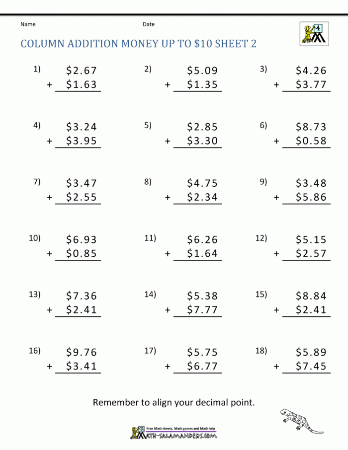 Writing worksheet for Second Grade Second grade money addition worksheet featuring coins and dollar bills for kids to practice. Fun exercise to help children learn how to add money for everyday items.