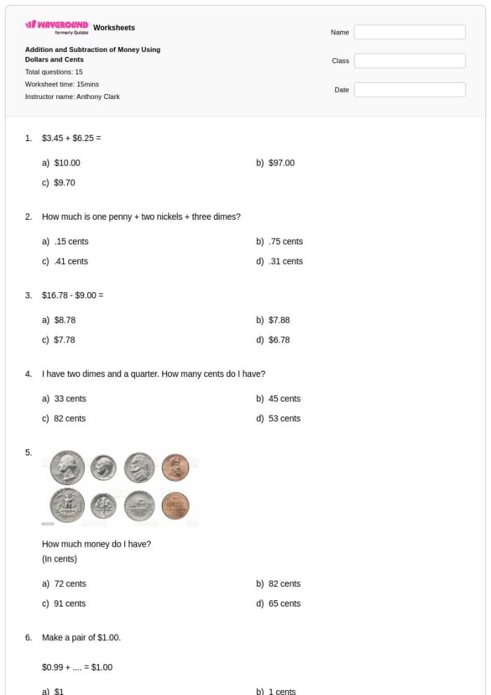 Second grade math worksheet featuring money addition problems with coins and dollar bills