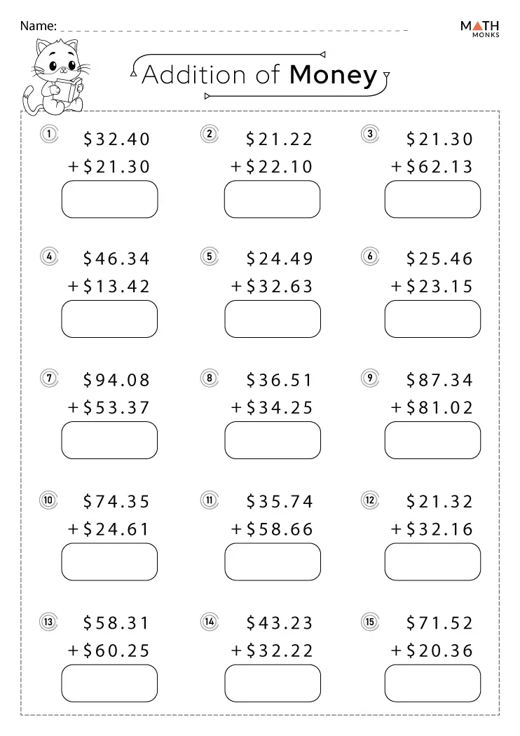 Writing worksheet for Second Grade Worksheet for second graders focused on adding coins and bills to purchase items. Engaging money addition exercise for young learners to enhance their financial skills.